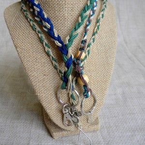 ID lanyards in macrame and braids with multicolored hemp, beads: Your choice of three styles, colors, charms