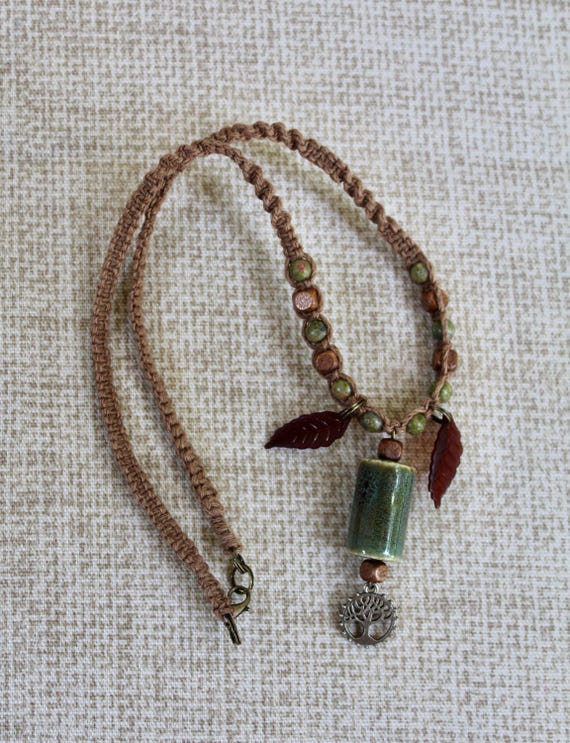 マクラメ生命の樹ネックレス：ユナカイト宝石、セラミックペンダント