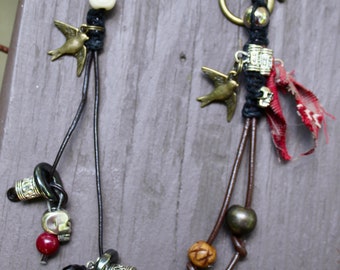 Pirate Leather Keychain or Hair Bead: Skull, Sparrow, Hemp - Choice of Attachment