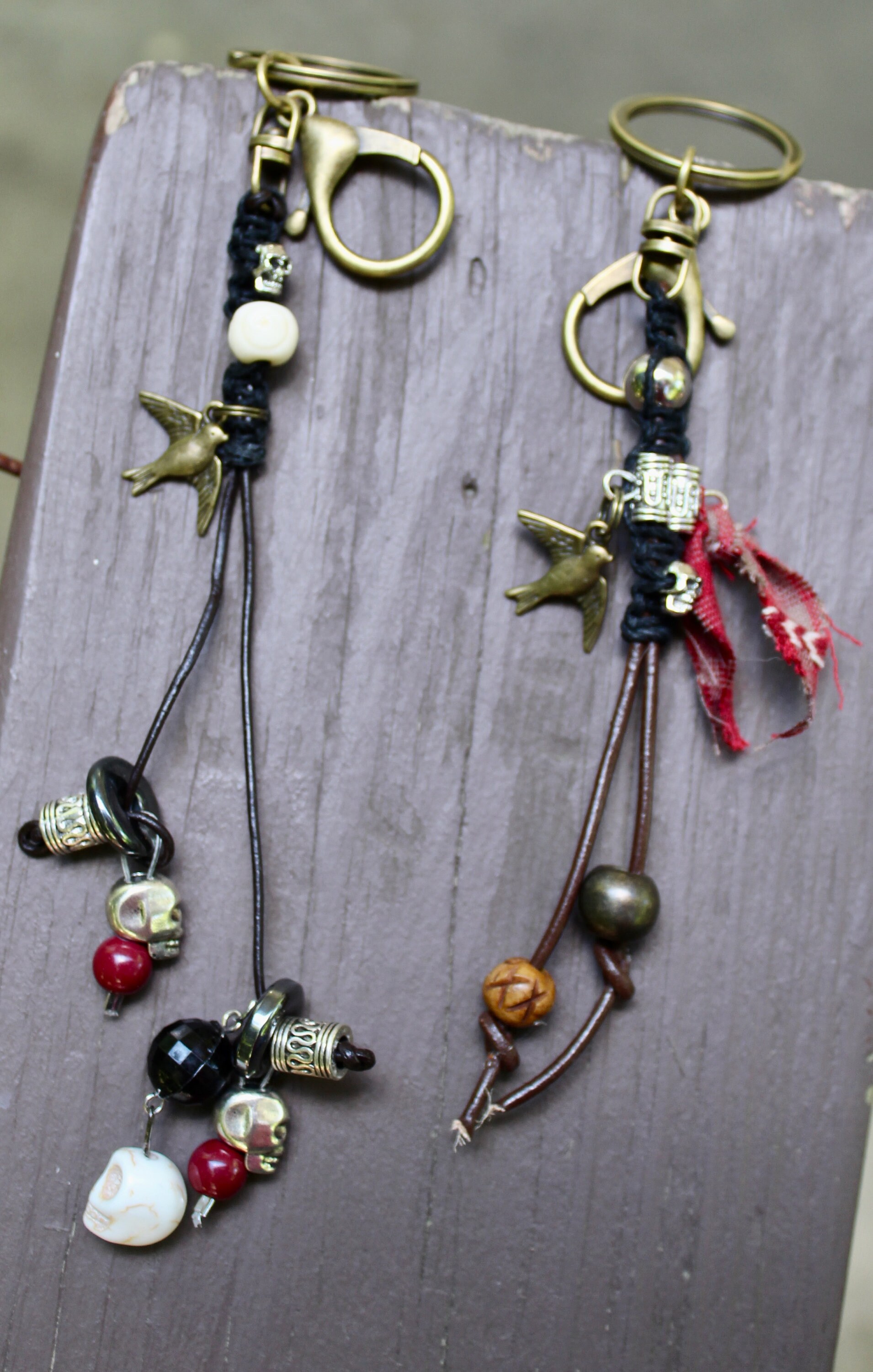 Pirate Leather Keychain or Hair Bead: Skull, Sparrow, Hemp