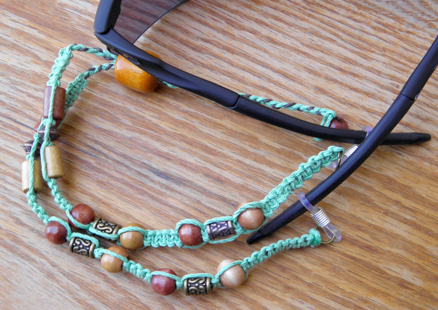 Eyeglass lanyard/holder in aqua hemp with brass and wood Etsy