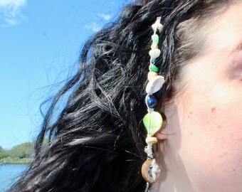 Hair bead strand with natural seashells, gemstones, various beads and clip