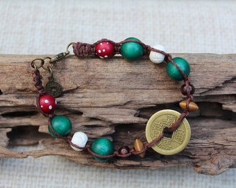 Bracelet or Anklet: Jack Sparrow Pirate Piece of Eight beads, Hemp Cord & Coin