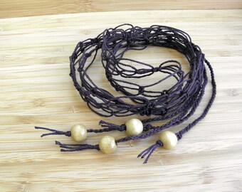 Macrame belt in dark brown hemp with ties and wood beads