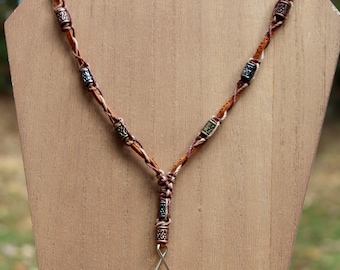 Leather ID/Phone Lanyard: Suede, Brown Hemp & Etched Metal Beads