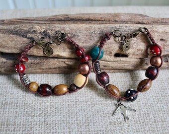 Beaded Bracelet/Anklet: 2 Jack Sparrow Styles with Hemp Cord, Wood & Brass Charms, custom length