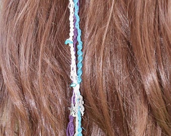Mermaid Hair Extension with hemp; shell beads; silver seahorse and starfish charms