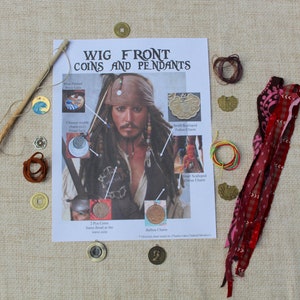 May include: A close-up of a printed guide for creating a Jack Sparrow costume. The guide shows a picture of Jack Sparrow with details of the coins and pendants he wears. The guide also includes a list of materials needed to create the costume, including coins, pendants, and fabric.