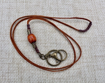 Suede Leather ID Phone Lanyard: Hippie Style Wood Bead, Brass Accents