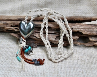 Long necklace with macrame hemp cord, silver heart, leather, turquoise