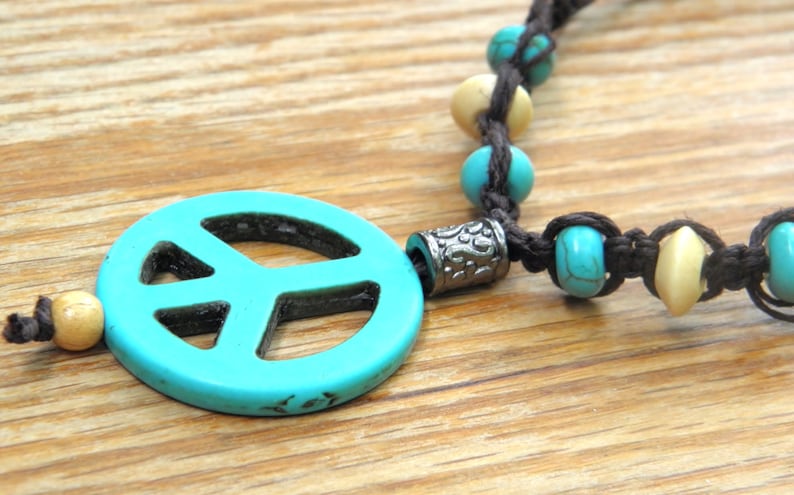 dark brown hemp and turquoise with adjustable length Macrame necklace with peace sign