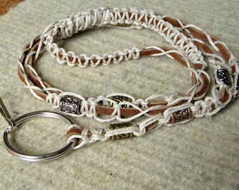 Leather Lanyard: Suede Hemp & Metal Beads, ID/Phone Holder