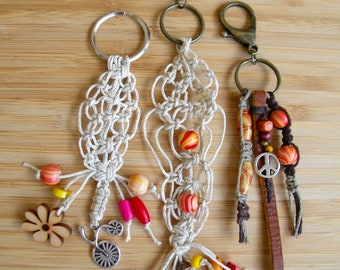 Boho Hemp Keychain: Custom Beaded Flower Bag Charm, choose from 3 styles, 6 attachments