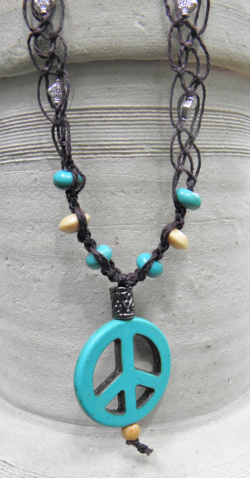 dark brown hemp and turquoise with adjustable length Macrame necklace with peace sign