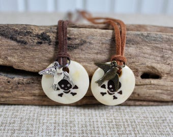 Pirate necklaces with bone pendant, sparrow charm, suede leather cord in adjustable length