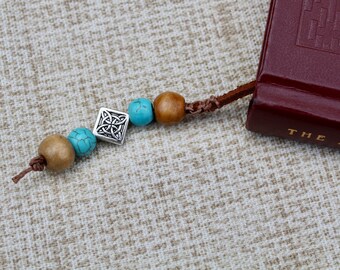 Leather bookmark with genuine suede, turquoise-dyed howlite, silver-plated and wood heishi beads