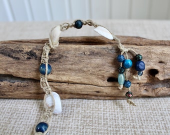 Hair bead strand with natural seashells, hemp cord, various beads and clip