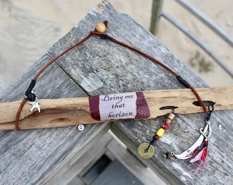 Driftwood sign Pirates of the Caribbean inspired with leather, silver, beads