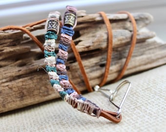 Leather Lanyard in brown suede with multicolor Hemp Cord & Metal Beads, ID/Phone Holder