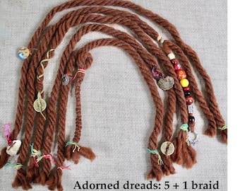 Yarn dreads for a child's Jack Sparrow costume with beads, charms, ties