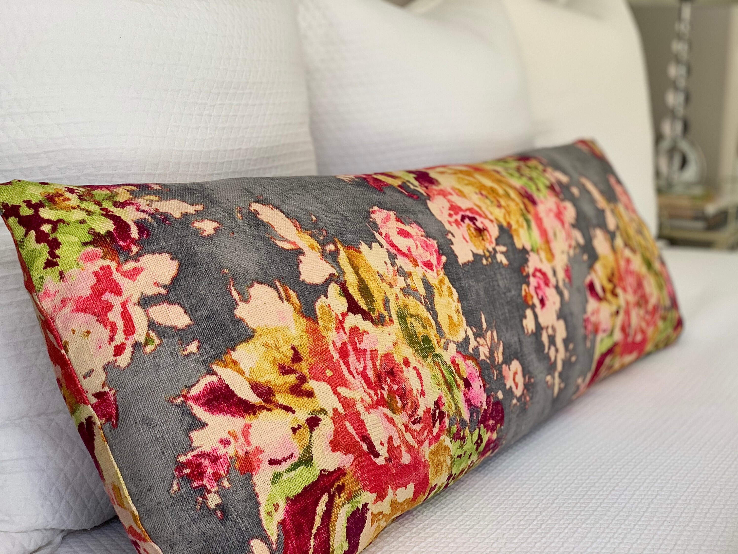 Floral Extra Long Lumbar Pillow Gray Floral Designer Pillow Etsy