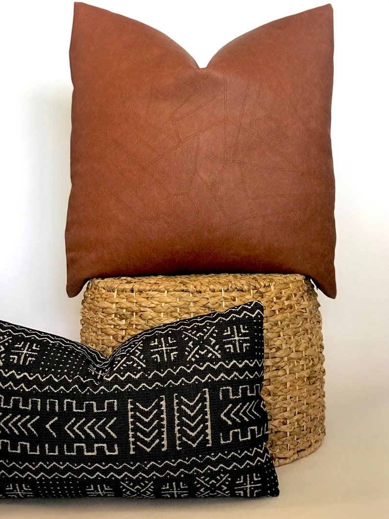 Brown Faux Leather Pillow Cover Patchwork Image 0