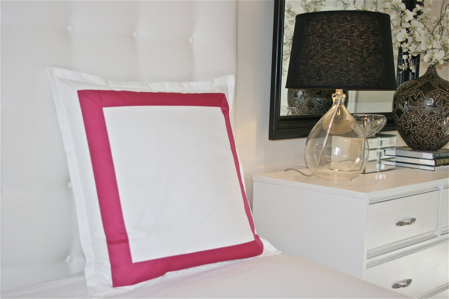 White Pillow Sham with Pink Border Pillow Shams with Border Etsy
