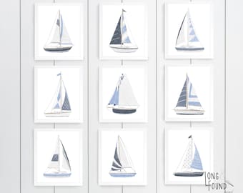 Láminas de veleros, azul neutro, juego de 9, descarga digital, arte de pared, decoración de barcos, arte para niños pequeños, arte náutico para guarderías, arte de pared para niños