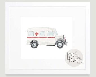 Vintage Car Printable - Ambulance- Digital Download - Wall Art - Baby Boy Nursery - Toddler Art - Cars Nursery Art - Kids Rescue Vehicle Art