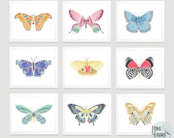 Butterfly Art Prints - Set of 9-  Butterfly Wall Art - Girl Room Art - Butterfly and Moth Decor - Butterfly and Moth Art  - Digital Download