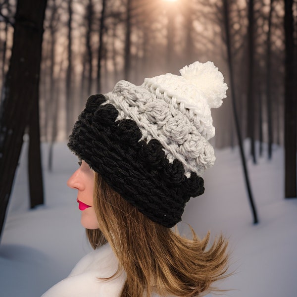 Crochet Winter Beanie - Popcorn Stitch - Slouch Hat - Super Soft Chunky Yarn