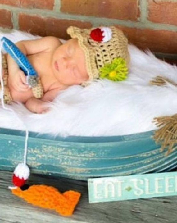 Newborn Boy Fishing Hat and Fishing Pole Crochet Fisherman Outfit Newborn  Baby Boy Outfit crochet newborn