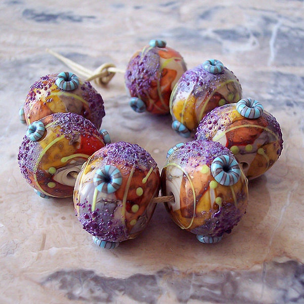 Indian summer. Handmade Hollow Lampwork Bead (1 pc). Ivory, Silvered Yellow, Orange with Purple and Turquoise Accents. Autumn Lampwork. MTO