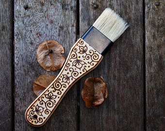 Wood-burned pastry brush with flowers and vines