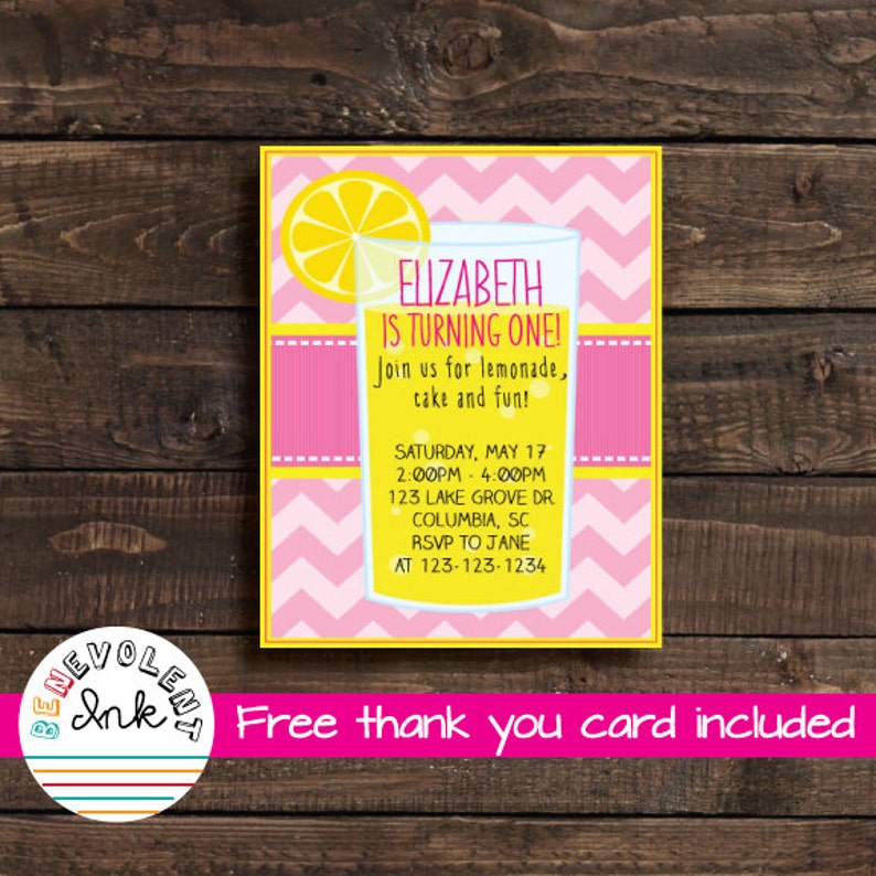 First Birthday Girl 1st Birthday Girl Invite with FREE Thank You Card Printable Lemonade Theme Birthday Party Invitation