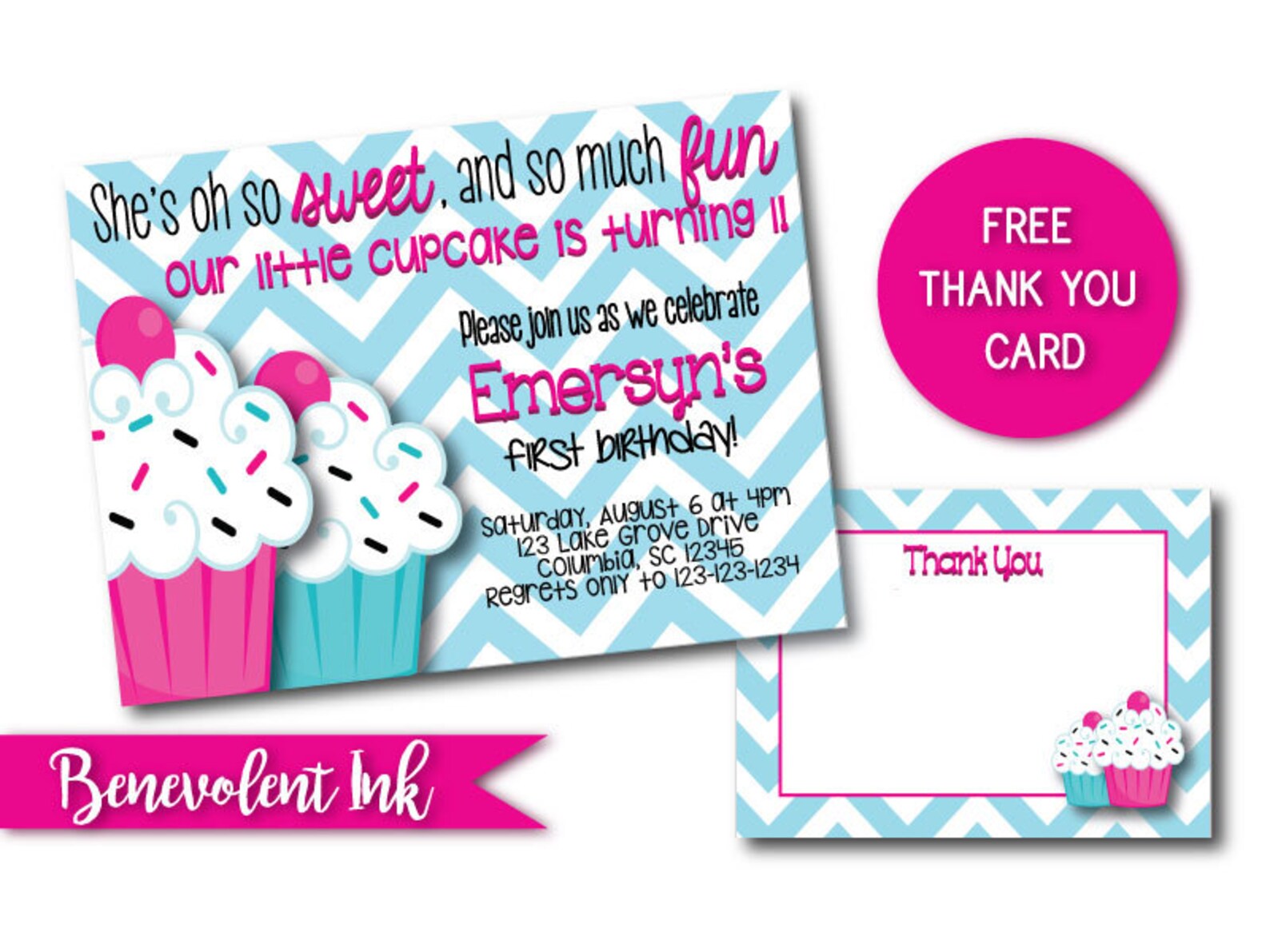 Cupcake Birthday Invitation Printable Cupcake Theme 1st Etsy