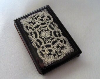 Rare Carnet de Bal, Antique Silver Inlaid Dance Card Book,  with Illustrations, Made in France circa 1850