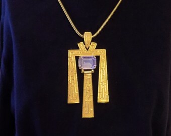 Crown Trifari Vintage Egyptian Revival Necklace with Amethyst Crystal, Gold Tone Alfred Philippe Design