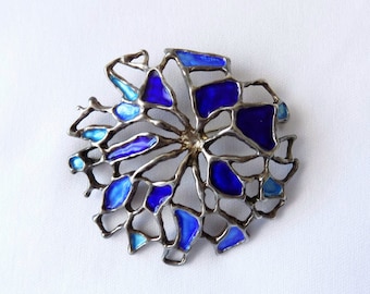 David-Andersen Norway Abstract Enamel Silver Pendant Brooch, Blue Mid-Century Brutalist Pin