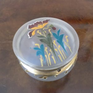 Antique Art Nouveau Glass Dresser Jar, Hand Painted Bohemian Art Glass, Harrach Satin Glass, 1890s, Vintage Decor, Gift for Her