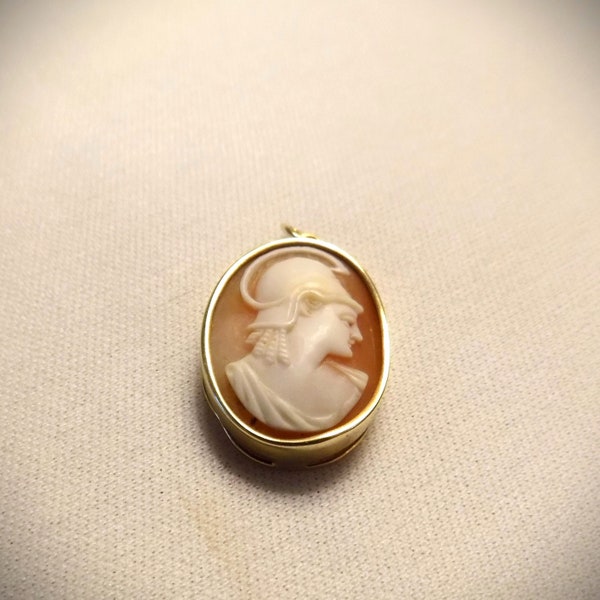 Athena Cameo Pendant, Antique Shell Carved Cameo in 12K Gold Setting, Greek Goddess of War, Circa 1850