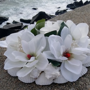 SALE - Beach Wedding Centerpiece - Silk Magnolias With White Shells and StarFish Centerpiece (WCL021)