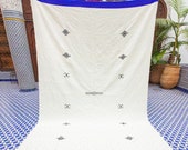 Moroccan Handmade Blanket Throw - All Merino Wool - Pale Yellow with Blue End and Black End - Queen Size - 6 39 4 quot x 9 39 3 quot (282cm x 193cm)