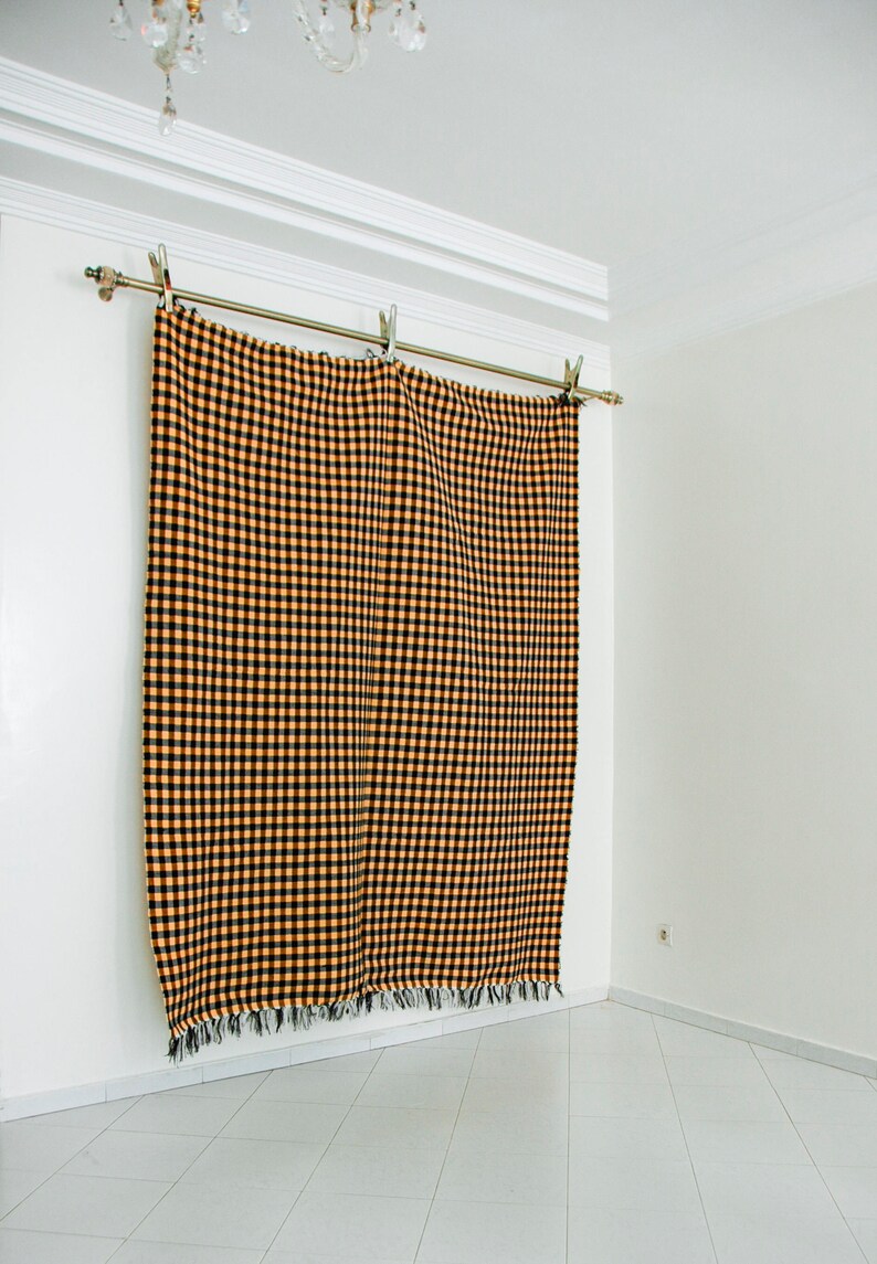 All Merino Wool Knotted Fringe Moroccan Hand Made Blanket Throw 7/' x 6/' Checkerboard Pattern Mustard Yellow and Black