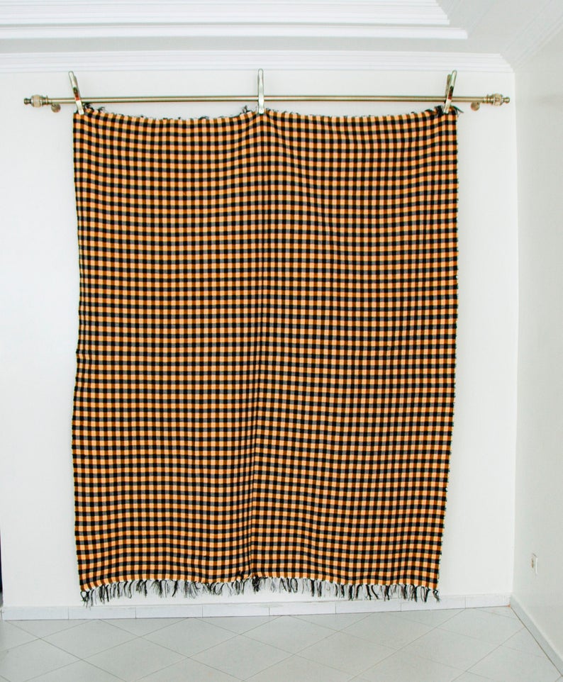 All Merino Wool Knotted Fringe Moroccan Hand Made Blanket Throw 7/' x 6/' Checkerboard Pattern Mustard Yellow and Black