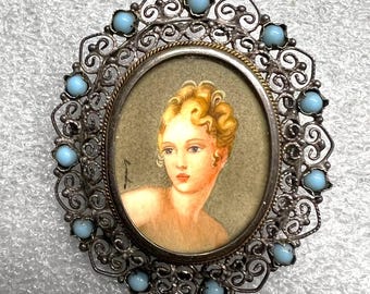 Antique 800 Silver C Clasp Portrait Cameo Brooch/Pendant