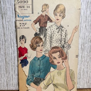 May include: Vintage Vogue printed pattern, size 14 (34 bust). The cover features illustrations of women in various blouses and tops. The pattern is marked 75¢ and 85¢ in Canada. The cover is aged with some wear.