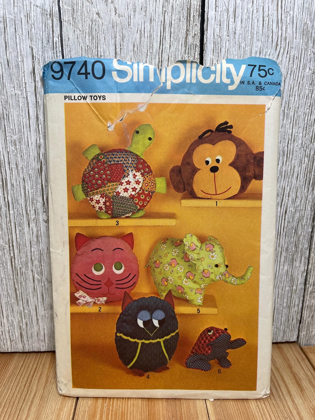 Simplicity 9740 Vintage Pillow Toys Turtle, Monkey, Elephant, Frog, Owl ...