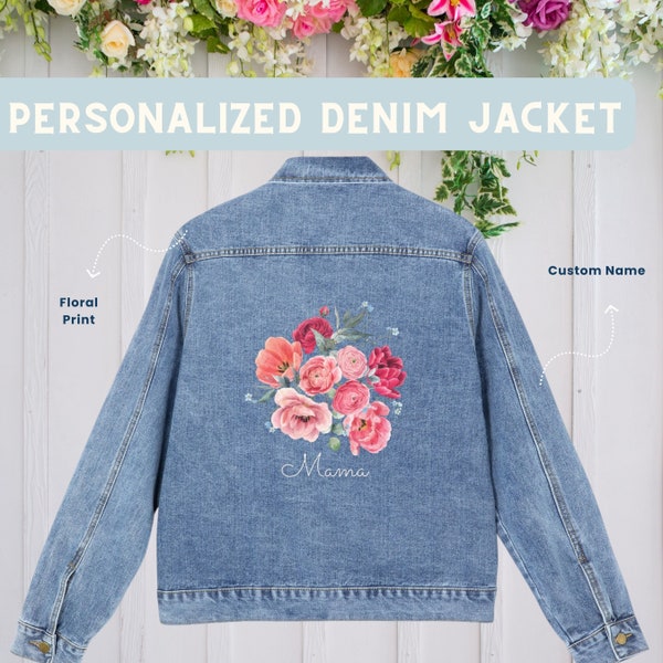 Personalized Name Denim Jacket, Mom Mama Grandma, Mother's Day Floral Bouquet, Gift for Mom, Western Cowgirl Country, Cool Street Style