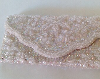 Vintage white beaded evening wedding clutch bag made in Hong Kong